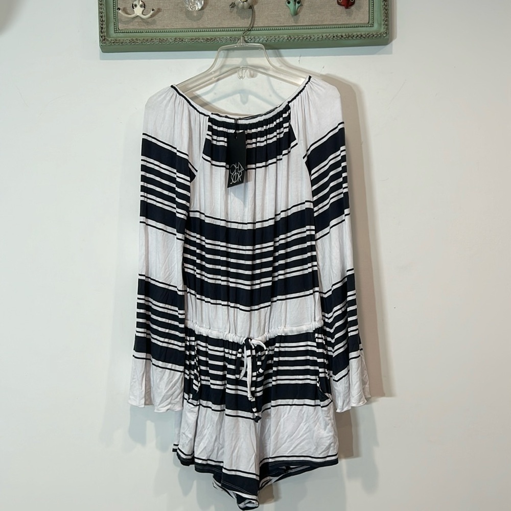 Chaser nautical striped light cotton romper long sleeve women’s size medium nwt
